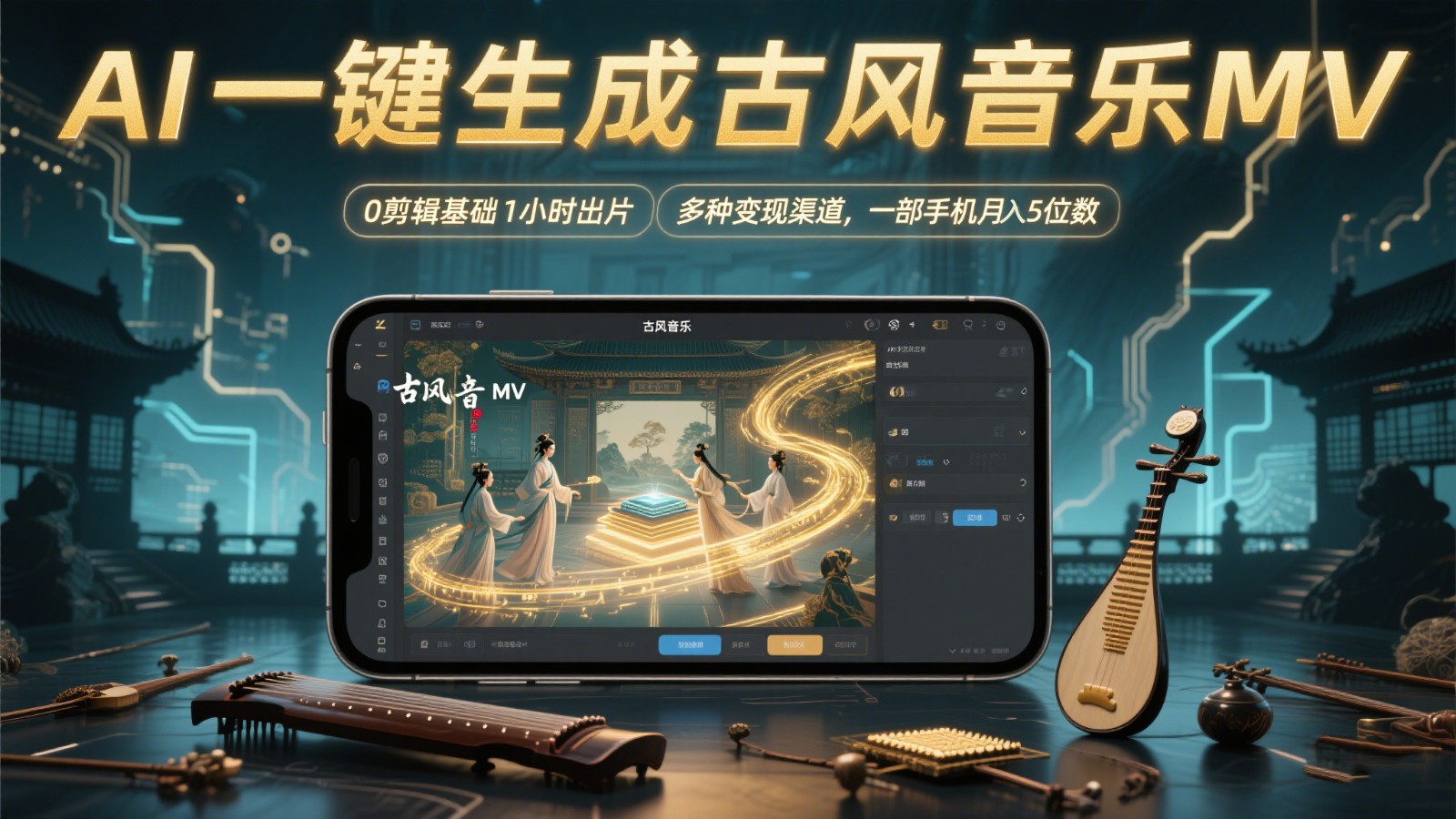 AI一键生成古风音乐MV，0剪辑基础1小时出片，多种变现渠道，一部手机月入5位数-中创网_分享创业项目_互联网资源