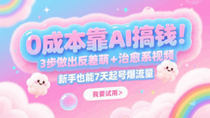 0成本靠AI搞钱！3步做出反差萌+治愈系视频，新手也能7天起号爆流量，月入5位数-中创网_分享创业项目_互联网资源