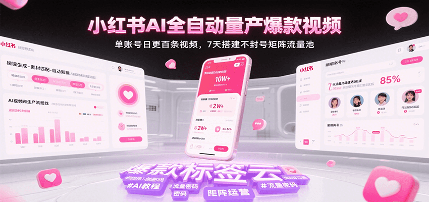 小红书AI全自动量产爆款视频，单账号日更百条视频，7天搭建不封号矩阵流量池-中创网_分享创业项目_互联网资源