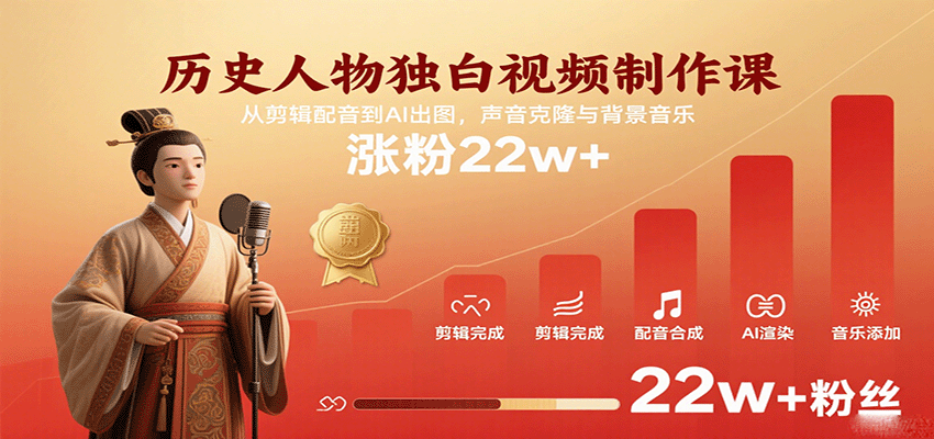 历史人物独白视频制作课，从剪辑配音到AI出图，声音克隆与背景音乐，涨粉22w+-中创网_分享创业项目_互联网资源
