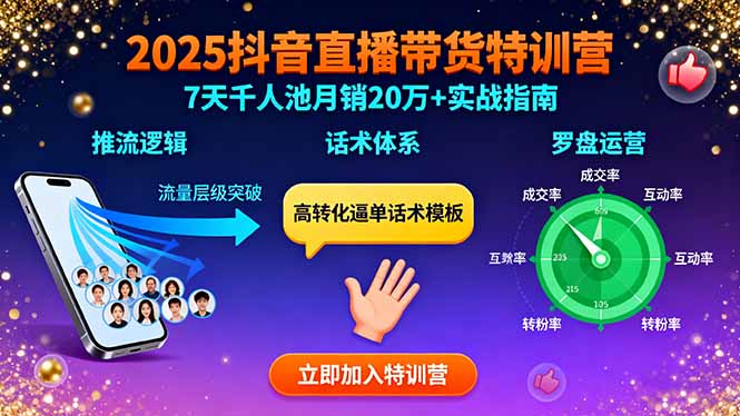 （15958期）2025抖音直播带货特训：推流逻辑、话术体系、罗盘运营,7天千人池月销20万+-中创网_分享创业项目_互联网资源