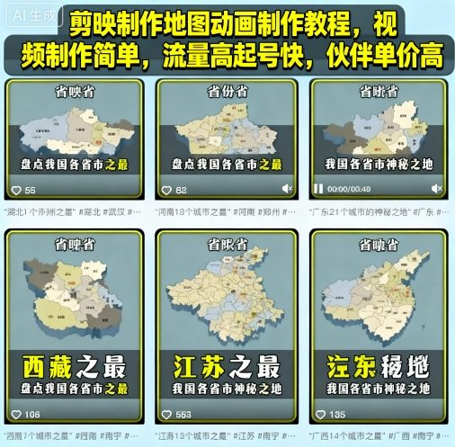 剪映制作地图动画制作教程，视频制作简单，流量高起号快，伙伴单价高-中创网_分享创业项目_互联网资源