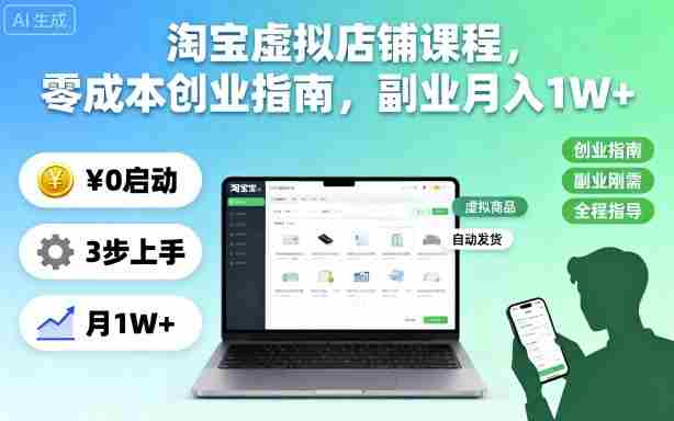 淘宝虚拟店铺课程，零成本创业指南，副业月入1W+-中创网_分享创业项目_互联网资源